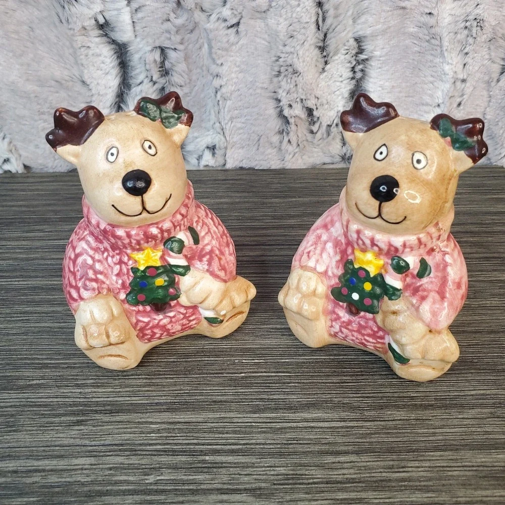 Ceramic Christmas Holiday Reindeer In Sweaters Salt and Pepper Shakers
